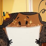 Animação de menina negra encantada, segurando uma folha branca diante do rosto em uma sala iluminada.