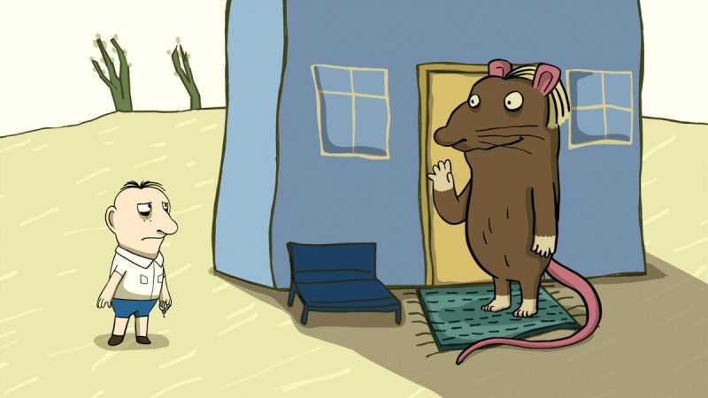 Animação mostra um homem diante de uma grande ratazana em pé na entrada de uma casa azul.
