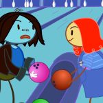 Animação de uma menina e um menino frente a frente, cada um segurando uma bola colorida de boliche.