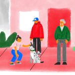 Animação em aquarela mostra uma criança com skate, dois adultos e um cachorro diante de construções coloridas.
