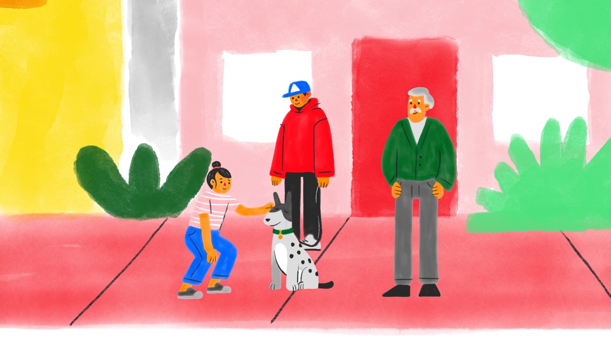 Animação em aquarela mostra uma criança com skate, dois adultos e um cachorro diante de construções coloridas.