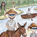 Ilustração de homem montado em burro e crianças junto a um rio, cercados por seres folclóricos na mata.