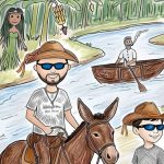 Ilustração de homem montado em burro e crianças junto a um rio, cercados por seres folclóricos na mata.