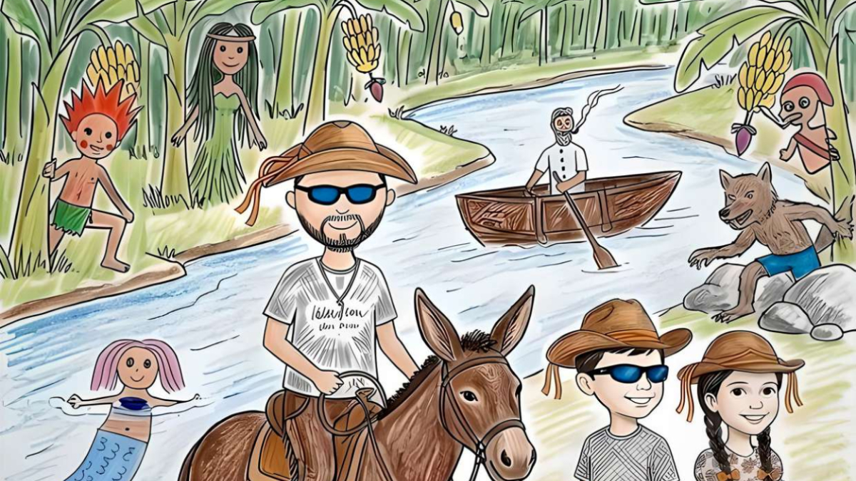 Ilustração de homem montado em burro e crianças junto a um rio, cercados por seres folclóricos na mata.