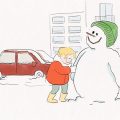 Animação em traços simples mostra duas crianças construindo um boneco de neve perto de um carro vermelho.