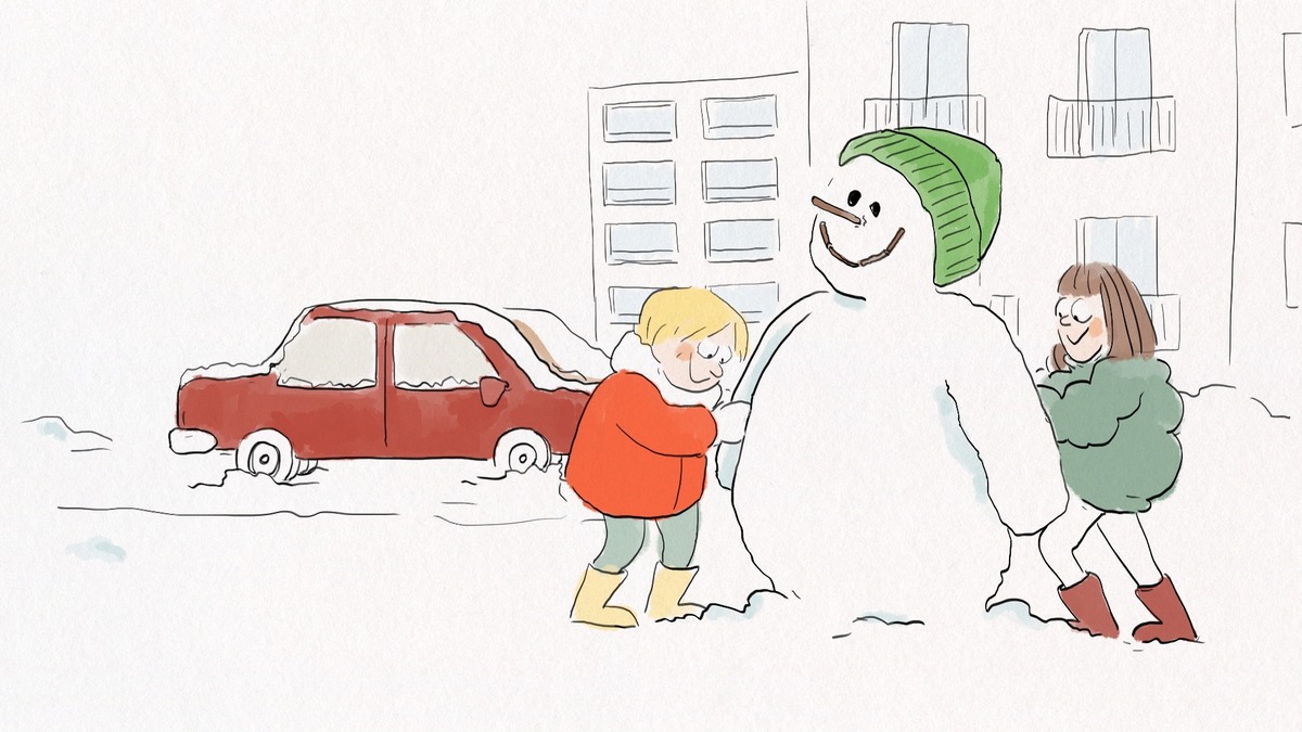 Animação em traços simples mostra duas crianças construindo um boneco de neve perto de um carro vermelho.