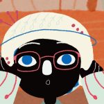 Animação de um menino negro com óculos redondos ajustando um capacete branco de astronauta.