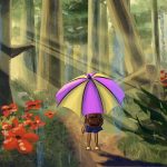 Animação de uma criança sob guarda-chuva roxo caminhando por floresta iluminada e cheia de flores.