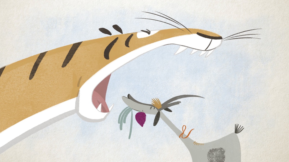 Animação mostra um grande tigre de boca aberta diante de pequenos animais, em fundo claro.