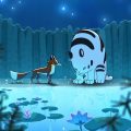 Animação mostra um grande tigre de boca aberta diante de pequenos animais, em fundo claro.