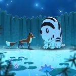 Animação mostra um grande tigre de boca aberta diante de pequenos animais, em fundo claro.