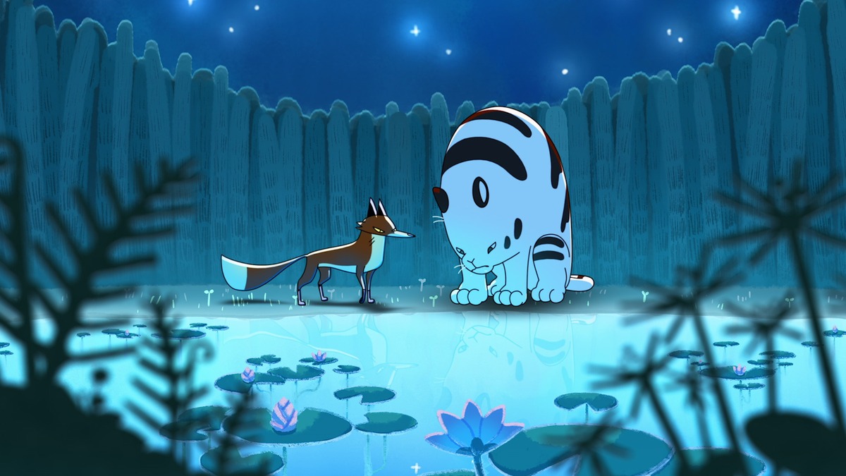 Animação mostra um grande tigre de boca aberta diante de pequenos animais, em fundo claro.