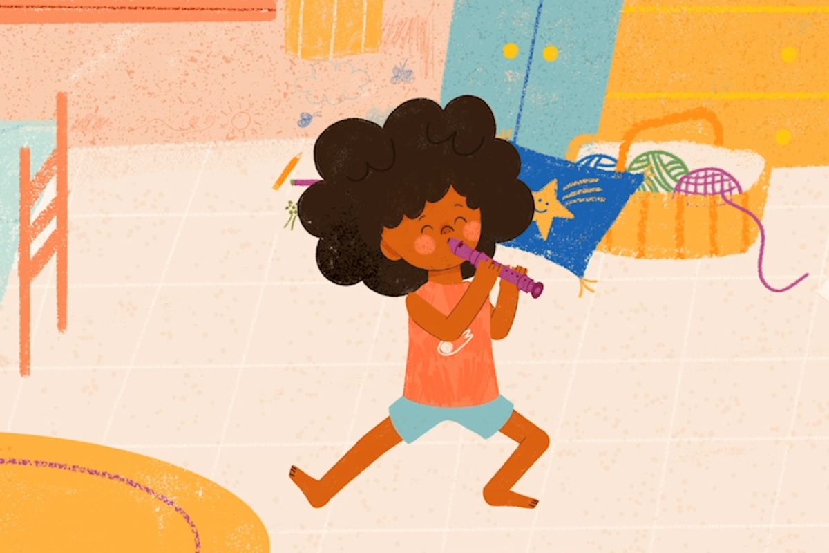 Ilustração de criança tocando flauta em um quarto colorido, com brinquedos e materiais de arte ao fundo.