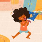 Ilustração de criança tocando flauta em um quarto colorido, com brinquedos e materiais de arte ao fundo.