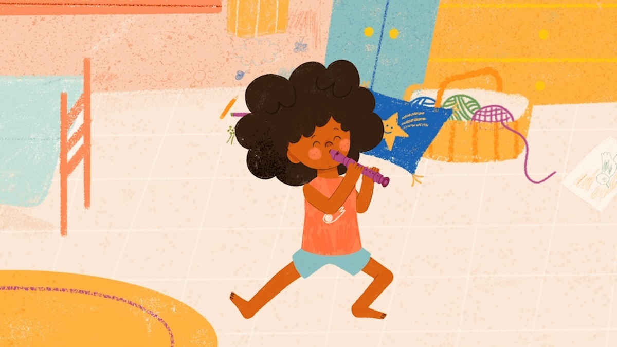 Ilustração de criança tocando flauta em um quarto colorido, com brinquedos e materiais de arte ao fundo.