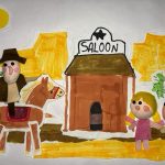 Ilustração infantil de um caubói a cavalo, um saloon e três crianças em cenário de faroeste.