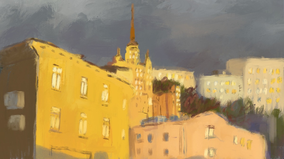 Pintura mostra edifícios em tons de amarelo e bege, iluminados sob céu cinzento, com torre alta ao fundo.