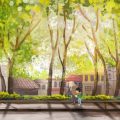 Animação mostra um idoso e uma criança caminhando juntos por uma calçada arborizada, em uma cidade ensolarada.