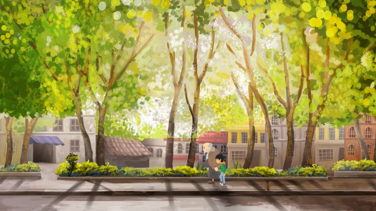 Animação mostra um idoso e uma criança caminhando juntos por uma calçada arborizada, em uma cidade ensolarada.