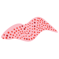 Ilustração de forma ondulada rosa, coberta por bolinhas vermelhas e vinho.