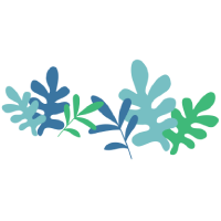 Ilustração de folhagens em tons de verde e azul, com folhas largas e recortadas.