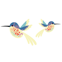 Ilustração de dois beija-flores coloridos, com asas abertas e corpo pontilhado.