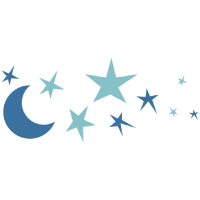 Ilustração de lua crescente azul e estrelas em tons de azul-claro e azul-escuro.