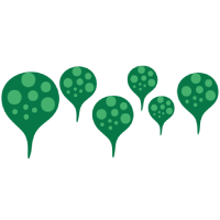 Ilustração de formas verdes arredondadas, semelhantes a balões, com círculos em verde-claro.