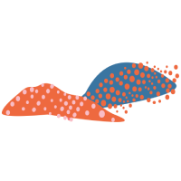 Ilustração de formas onduladas em laranja e azul, cobertas por bolinhas coloridas.