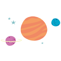 Ilustração de planetas coloridos e estrelas, com um planeta roxo envolto por anel.
