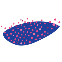 Ilustração de forma abstrata azul, coberta por bolinhas rosas em diferentes tamanhos.