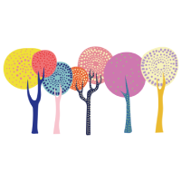 Ilustração de árvores estilizadas com copas circulares coloridas e troncos alongados.
