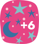 Ícone ilustrado de filmes “Mais seis”, com lua crescente e estrelas coloridas sobre fundo rosa.