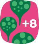 Ícone ilustrado de filmes “Mais oito”, com formas verdes arredondadas sobre fundo rosa.