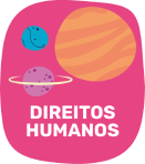Ícone ilustrado de filmes “Direitos humanos”, com planetas coloridos sobre fundo rosa.
