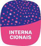 Ícone ilustrado de filmes “Internacionais”, com formas abstratas azuis e pontilhadas sobre fundo rosa.