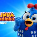 Ilustração da Galinha Pintadinha azul, sorridente e de asas levantadas, ao lado do título “Galinha Pintadinha, o filme”.