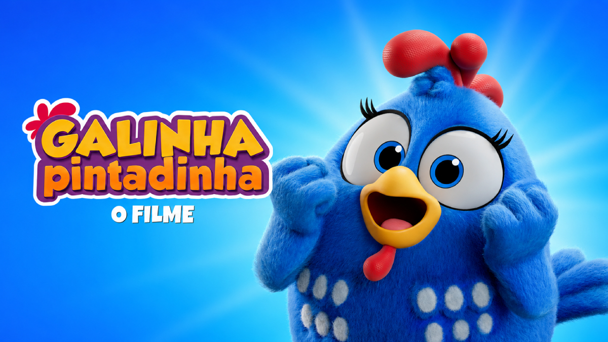 Ilustração da Galinha Pintadinha azul, sorridente e de asas levantadas, ao lado do título “Galinha Pintadinha, o filme”.