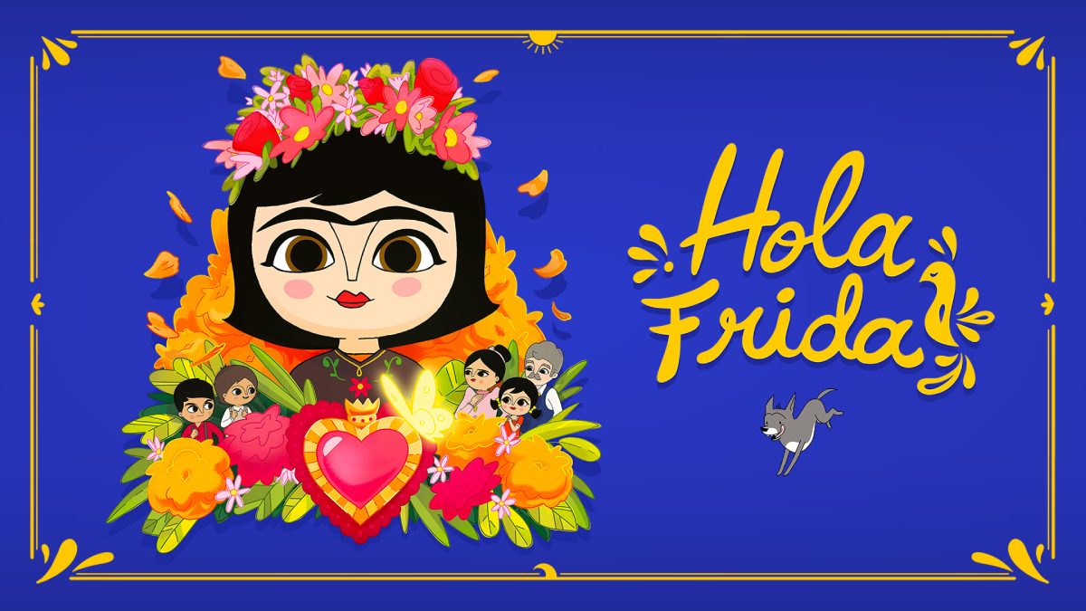 Ilustração colorida de Frida Kahlo entre flores e personagens, com fundo azul e o título “Hola Frida”.