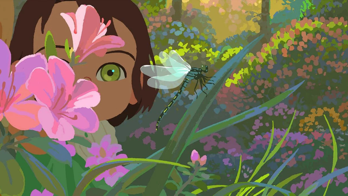 Ilustração de menina entre flores rosas, observando de perto uma libélula em um jardim colorido.