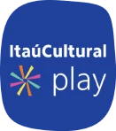 Logotipo “Itaú Cultural play” em branco, com símbolo colorido sobre fundo azul.